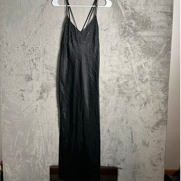 Vintage Dresses & Skirts - Vintage Y2K Black Beaded Slip Dress Evening Grunge Goth Glam Size Small